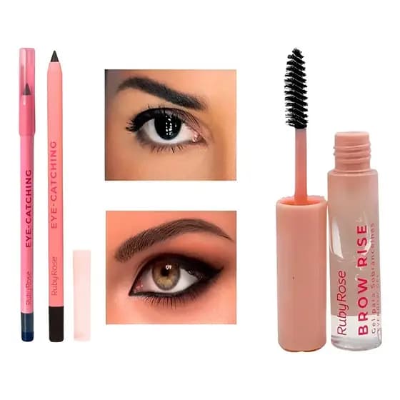 Kit Lápis De Olhos Retráttil Eye-Catching Ruby Rose e Gel Fixador Modelador Sobrancelhas Brow Rise