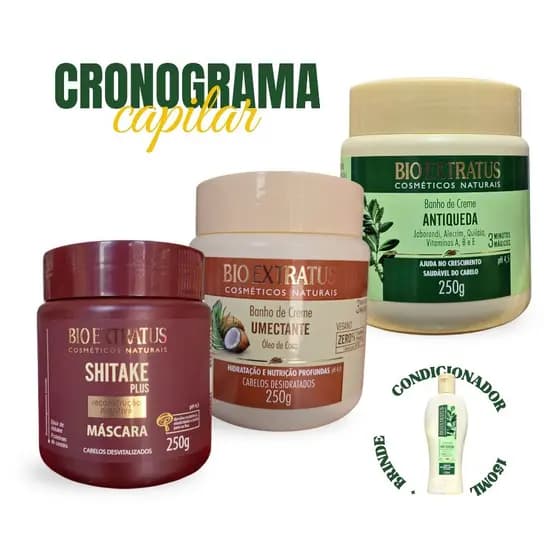 Kit Cronograma Capilar Bio Extratus Máscara Shitake 250g, Banho creme Umectante 250g Antiqueda 250g