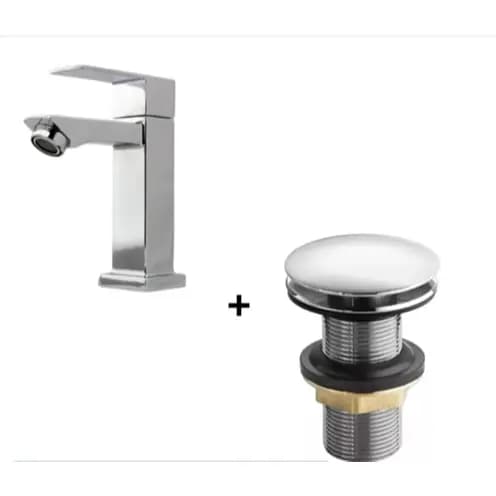 KIT TORNEIRA BANHEIRO MODERNA METAL INOX LAVABO PRATA + VÁLVULA CLICK 11/8 FURO.