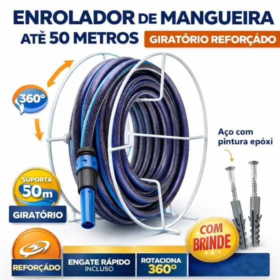 Suporte Enrolador de Mangueira Jardim até 50m Giratório Reforçado + Buchas e Parafusos