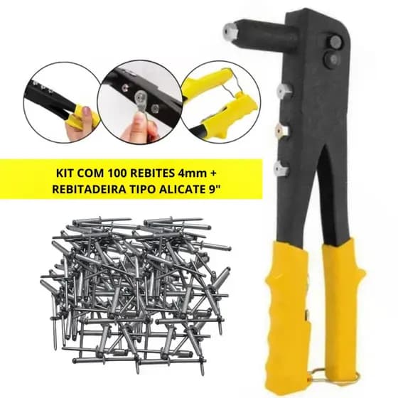 Kit Rebitador Manual Profissional 9" + 100 Rebites Pop de Alumínio 4,0mm x 10mm