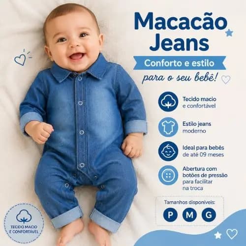 Macacão Jeans Bebê Manga Longa Gola Polo Confortável Tamanhos P/M/G +1BB
