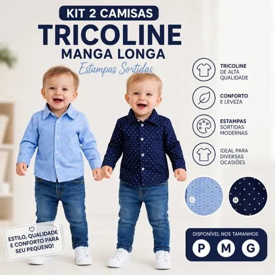 Kit 2 Camisas Social Manga Longa Tricoline Bebê +1BB