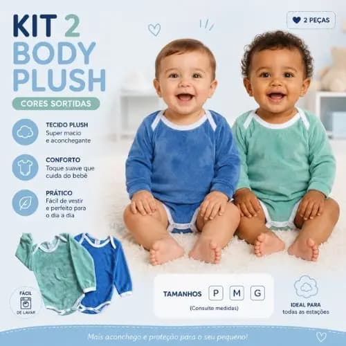 Kit 2 Body Plush Bebê Masculino Manga Longa Inverno Macio Quentinho Tam P M G Masculino +1BB