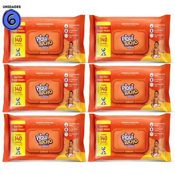 Kit 6 Pacotes Toalha Umedecida Hidrate Piquitucho 140 Unidades Kit com 6 Pacotes