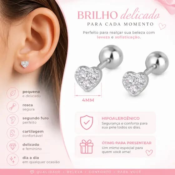 Brinco Pequeno de Rosca Coração em Prata 925 Brinco Feminino Delicado com Zircônia para Dia a Dia