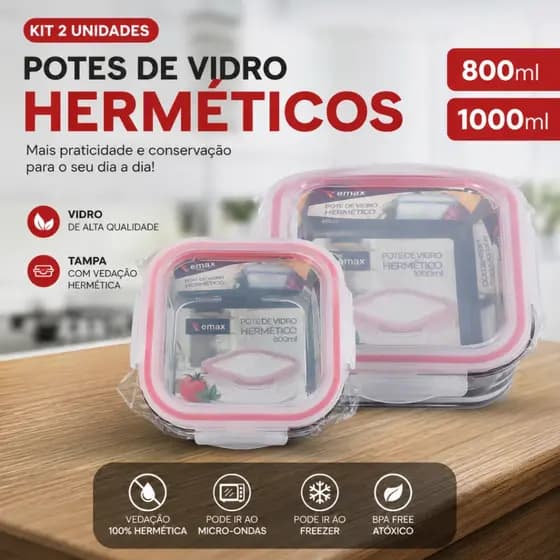 Potes de Vidro Hermético Kit 2 Unidades 800ml e 1000ml Premium