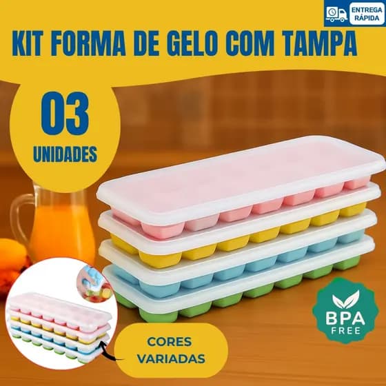 Kit Formas de Gelo Silicone com Tampa Rígida Flexível Fundo 14 Cubos Retangular Multiuso Lavável