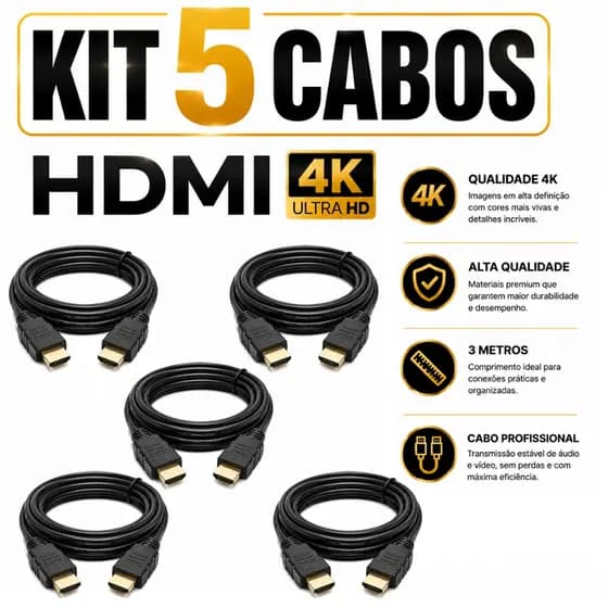 Cabo HDMI 3 Metros Kit com 5 Cabos Alta Definição 4K HD FULL HD 1080P 1980P Alta Qualidade