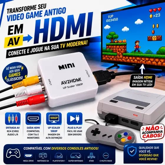 Conversor Adaptador AV RCA X HDMI com Aúdio HD 1080P PS2 PS1 PS3 Original Alta Qualidade Garantia
