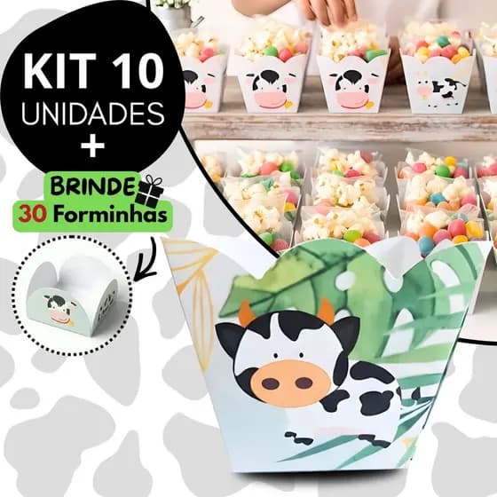 Kit 10 Cachepôs Decoração Vaquinha Fofa Pote De Papel Cachepot + 30 Formas De Doce