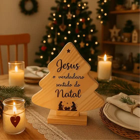 Árvore de Natal Gravada em Pinus com Jesus – Decoração Cristã para Mesa ou Presépio