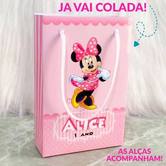 Sacolinha Surpresa Minnie Rosa Personalizada com nome e idade Lembrancinha Aniversário Infantil Tema Minnie Rosa