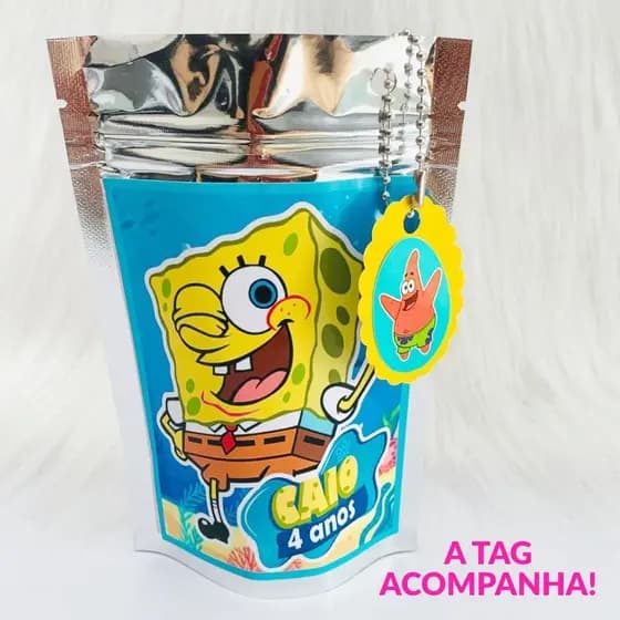 Saquinho Zip Lock Metalizado Personalizado Bob Esponja Lembrancinha Infantil Festa Tema Bob Esponja Tamanho P