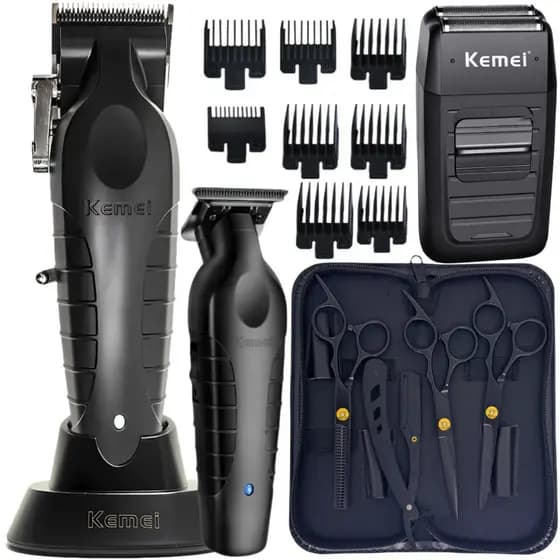 Kit Maquina Cortar Cabelo com Tesoura Barbeiro Profissional Tesouras Cabeleireiro Maquinas de Acabamento e Shaver Tesoura Fio Laser Fio Navalha Desfiadeira Desbaste Navalhete