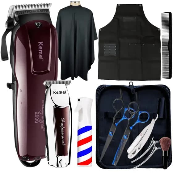 Kit Tesouras Profissional e Acessórios para Barbearia Borrifador Avental e Capa de Barbeiro + Kit Maquinas de Corte Profissional Kemei Maquina Corta Cabelo e Maquina de Acabamento para Cabeleireiro