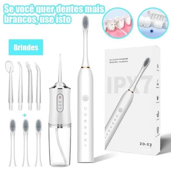 Dental 2 em 1 Recarregável – Irrigador Bucal + Escova Elétrica Profissional Portátil Limpeza Bucal