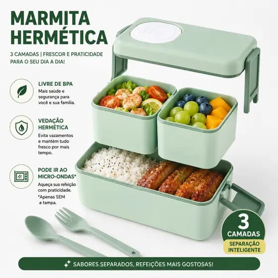 Marmita Dupla 1050ml Com Divisória E Kit Talheres