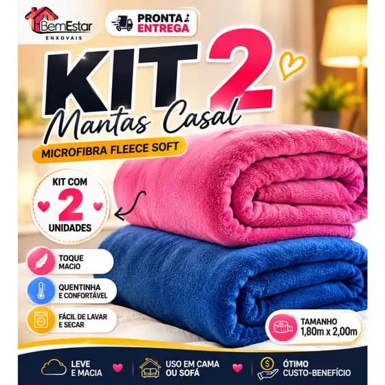 Combo 2 Cobertor Manta Lisas Casal - Microfibra 1,80 x 2,00 Mantinha para Inverno