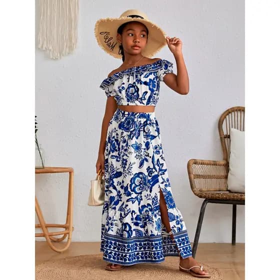 Conjunto Infantil Juvenil Feminino Saia e Top com estampa floral boho com acabamento de babados