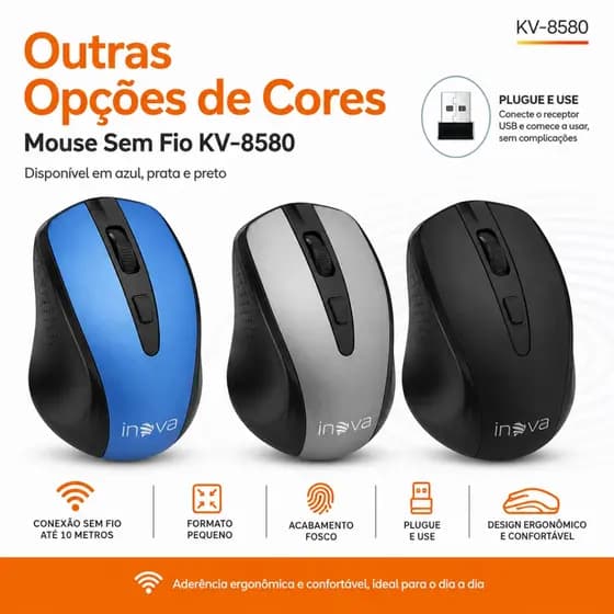 Mouse Sem Fio Inova KV-8580 Wireless USB 10 Metros Ergonômico para Notebook e PC