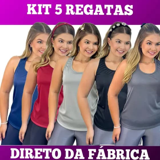 KIT 5 Camiseta Regata Nadadora Feminina Dry Fit