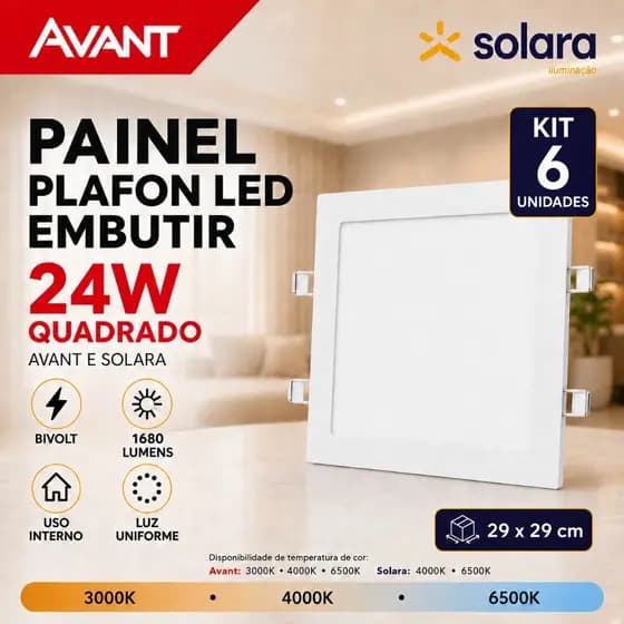 Kit 6 Painel Plafon Led 24w Embutir Quadrado 6500k 4000K 3000K