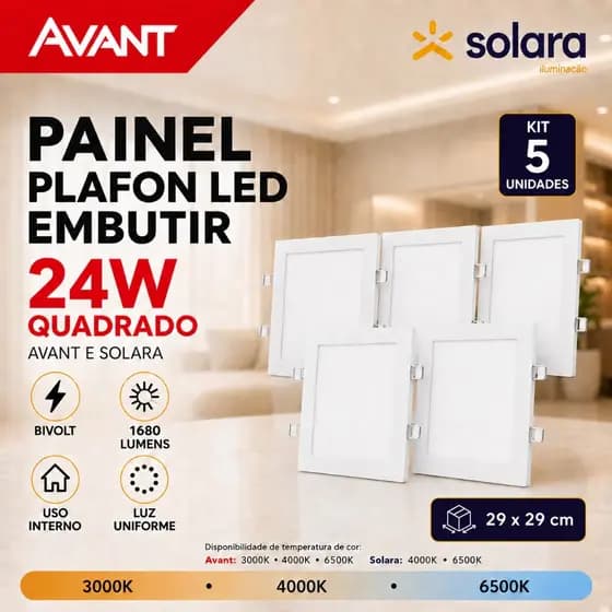 Kit 5 Painel Plafon 24w Embutir Luminária Led Branco Frio 6500K Neutro 4000K Quente 3000K Avant