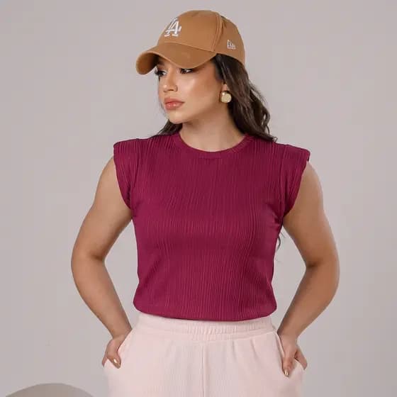 Blusa Feminina Muscle tee Lisa Ribana Canelada Gola Redonda Básica Social Elegante
