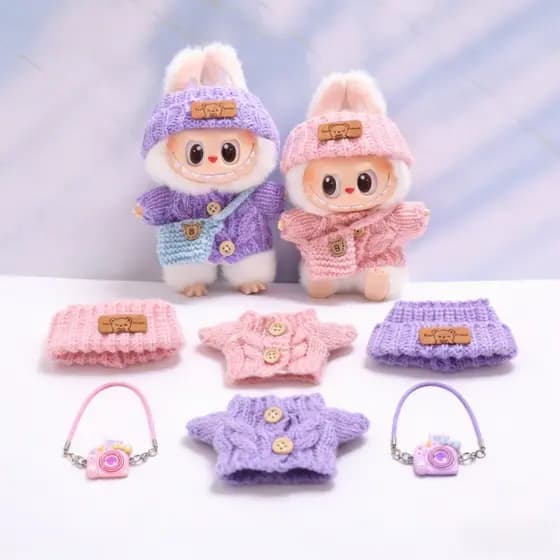 Kit de Moda de Tricô para Boneca Labubu 15-17cm Chapéu e Casaco, Bolsa e Câmera, Presente para Colecionadores