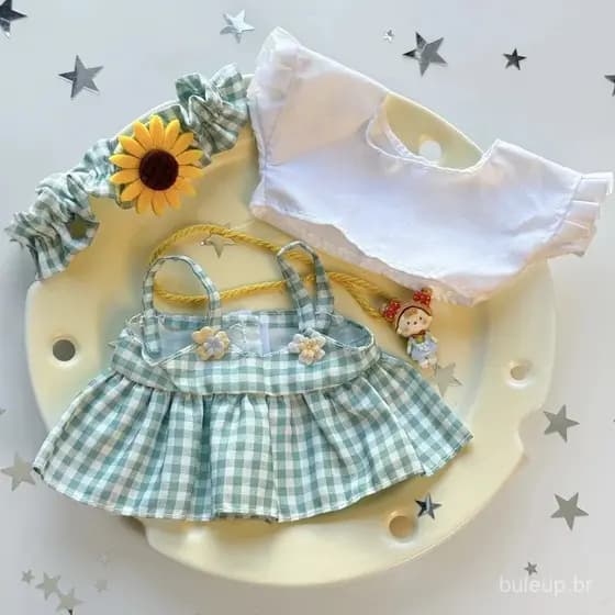 Conjunto de Roupa para Boneca Labubu 17cm Estilo Campo com Girasol e Óculos Acessórios Moda Kawaii para Colecionadores