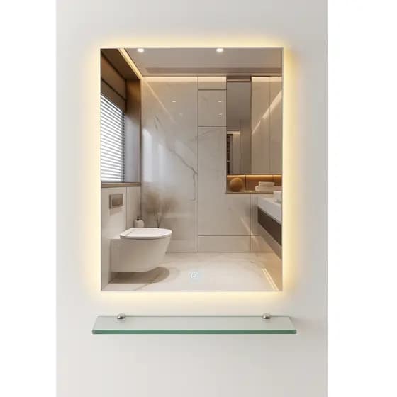 KIT Espelho Em Vidro Retangular 50x40cm Iluminado Decorativo Luz Indireta C/ Prateleira