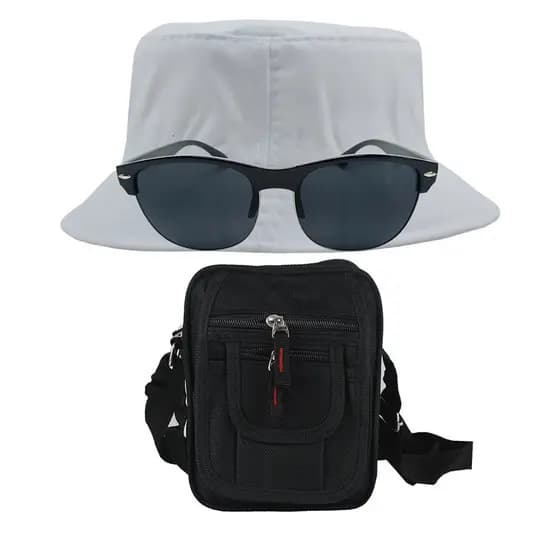 Combo Chapéu Bucket Hat, Bolsa Pochete Shoulder Transversal Alça Regulável E Oculos De Sol Proteção Uv400 Unissex - MD-13