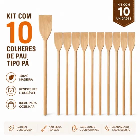 KIT 10 Colher de Pau Tipo Pá Remo 30cm Madeira Feijoada para Cozinhar e Mexer Panelas Premium