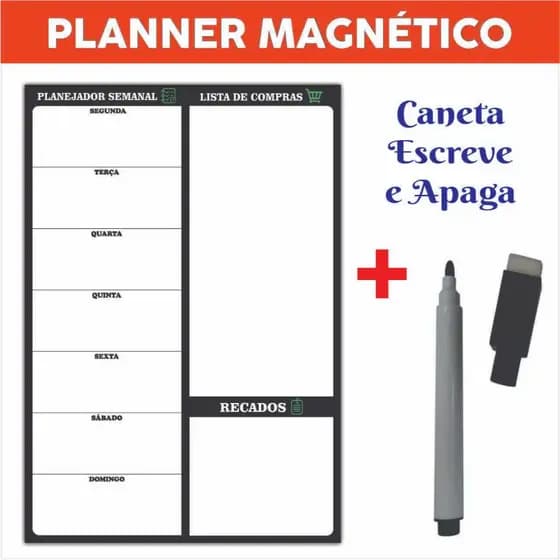 Imã de Geladeira Planner Semanal Magnético com Caneta Escreve e Apaga