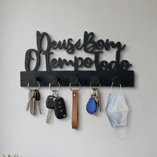 Porta Chaves Deus é Bom o Tempo Todo de Parede Organizador Decorativo com 5 Ganchos Preto