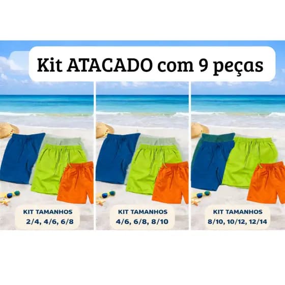 KIT COM 9 BERMUDAS MÁGICA TACTEL IDEAL PARA PRAIA,PISCINA, ESPORTE E DIA A DIA 2 AO 14 3 CORES