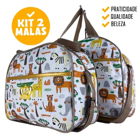 Kit Mala Bolsa Maternidade Estampa Safari Menino Impermeável e Resistente e Reforçada