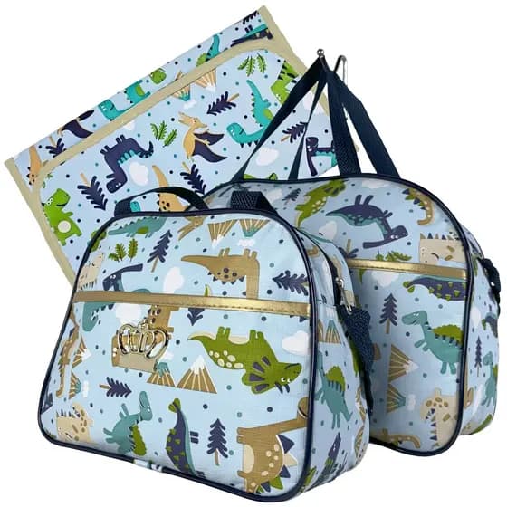 Kit Mala Maternidade 2 Bolsas Impermeável Menino Dinossauro Trocador dobravel conforto Facil Limpeza