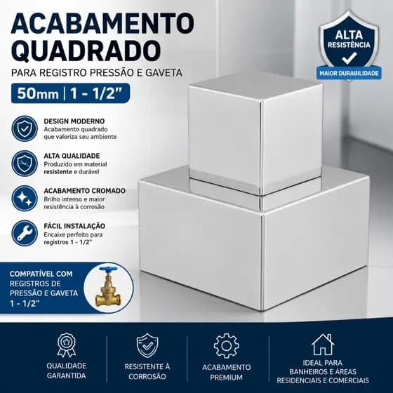 Acabamento Quadrado Cromado Padrão Deca 50mm 1- 1/2 Polegadas - Para Registro de Pressão ou Gaveta