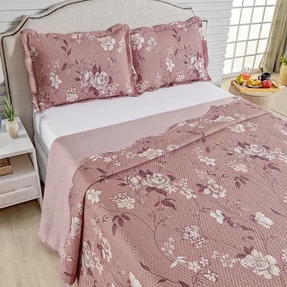 Kit Cobre Leito Colcha King Bouti 3 Peças Dupla Face Estampada Porta Travesseiro Aba Americana