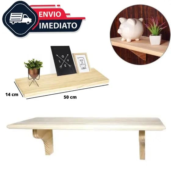 Suporte Prateleira de Madeira Pinus Multiuso 14x50 cm com Suporte para Fixação