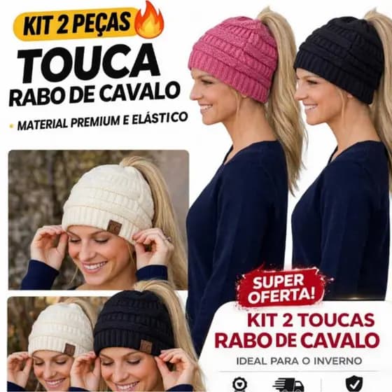Kit 2 Touca Gorro Feminina Lã com Furo Rabo de Cavalo Quentinha Inverno Frio Moda Estilo