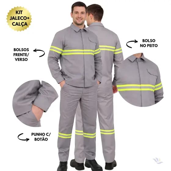 Kit Conjunto Calça Camisa Brim Eletrica Manga Longa Faixa Refletiva Uniforme Profissional