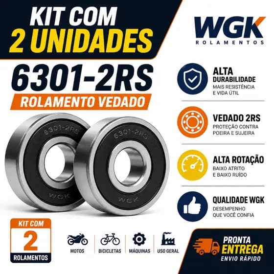 2 Rolamentos 6301 WGK Alta Rotação Blindado 6301-2RS Vedado Premium Moto Bike Industrial