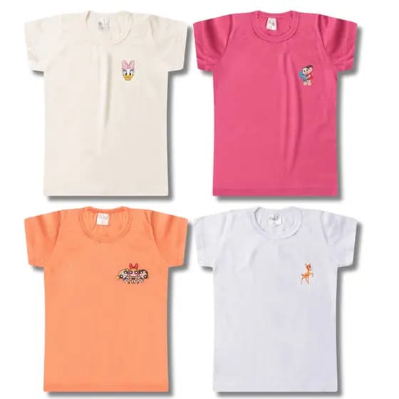 Kit Sortido 4 Blusas Manga Curta Estampa DTF Lisa Feminina/Menina Camiseta Infantil Juvenil Escolar