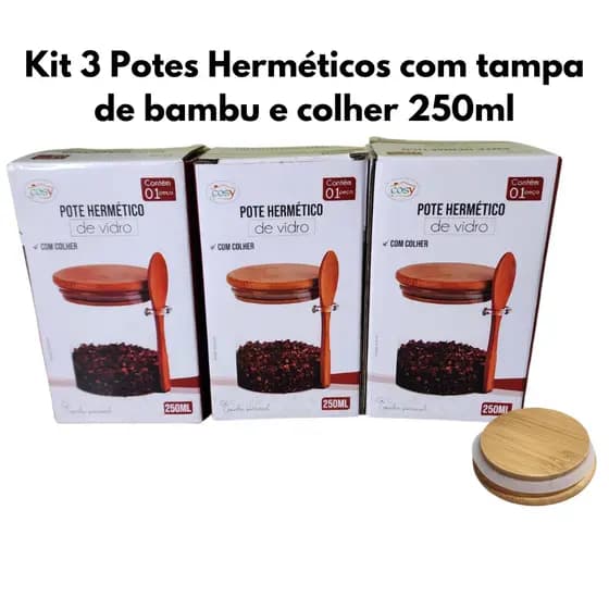 Pote Hermético de Vidro 250ml com Tampa Bambu e Colher | Ideal para Temperos e Grãos