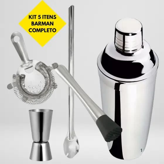 Kit Barman Completo Inox Profissional 5 Peças - Coqueteleira, Socador, Dosador, Colher e Coador