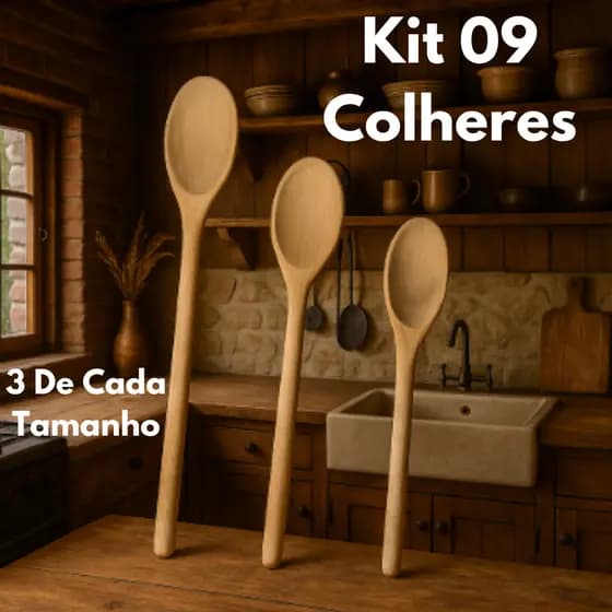 Kit 09 Itens Colher de Pau / Madeira Para Cozinha Com Cabo Liso - 3 de 32cm + 3 de 26cm + 3 de 24cm.