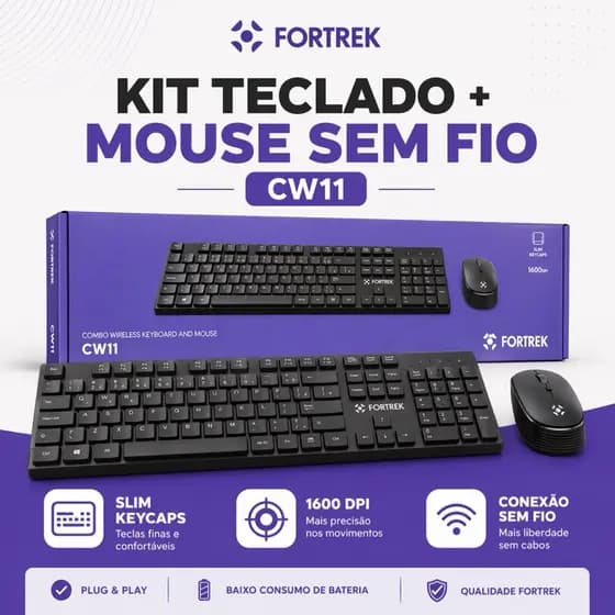 Kit Teclado e Mouse Sem Fio Fortrek CW11 Wireless 1600 DPI Slim Keycaps